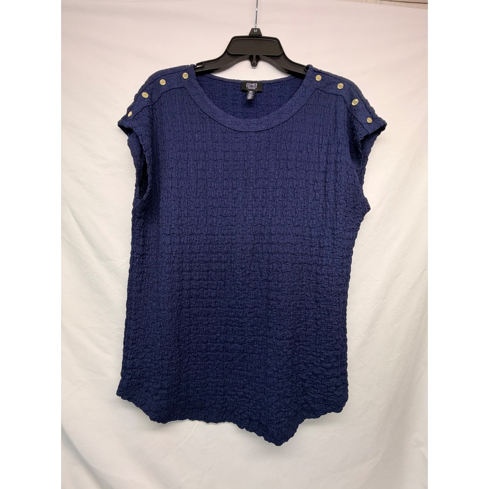 Jones New York Signature Navy Blue Popcorn Crinkle Button Shoulder Top Medium